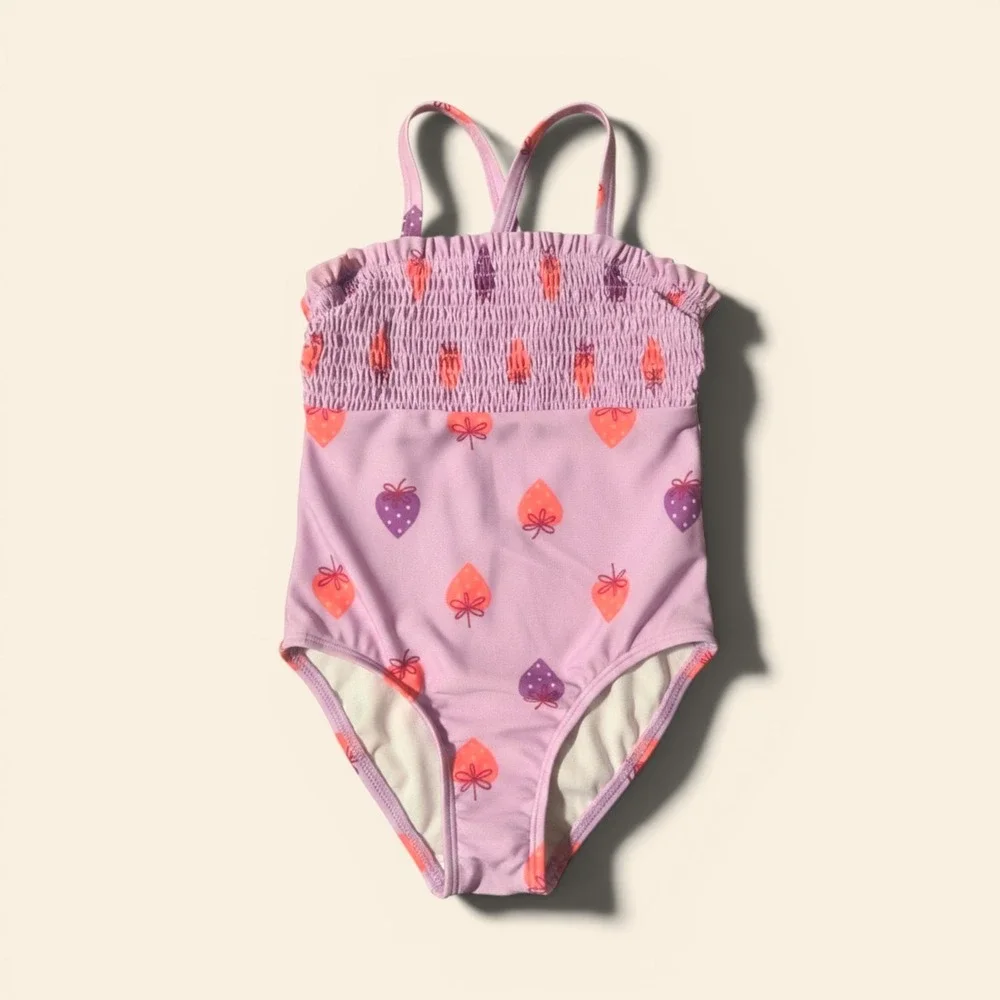 Cat & Jack Girls Purple‎ Strawberry Smocked One Piece Swimsuit UPF 50+ Size 3T